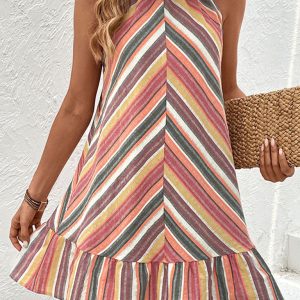 Y2K Striped Halter Neck Sleeveless Dress - Cute Aesthetic Summer Fashion Outfit