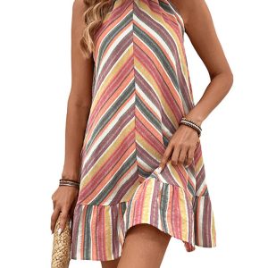 Y2K Striped Halter Neck Sleeveless Dress - Cute Aesthetic Summer Fashion Outfit