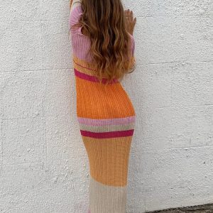 Y2K Striped Knitted Bodycon Maxi Dress - Long Sleeve Sexy Autumn Dress for Holiday Parties