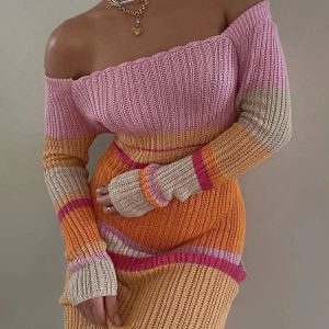 Y2K Striped Knitted Bodycon Maxi Dress - Long Sleeve Sexy Autumn Dress for Holiday Parties