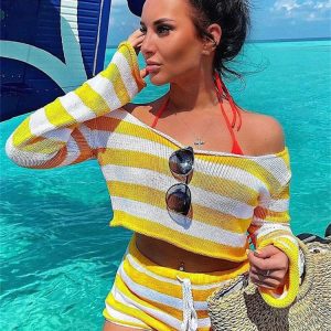 Y2K Striped Long Sleeve Crop Top & Mini Shorts Set - Trendy Autumn Knitted Two Piece Outfit