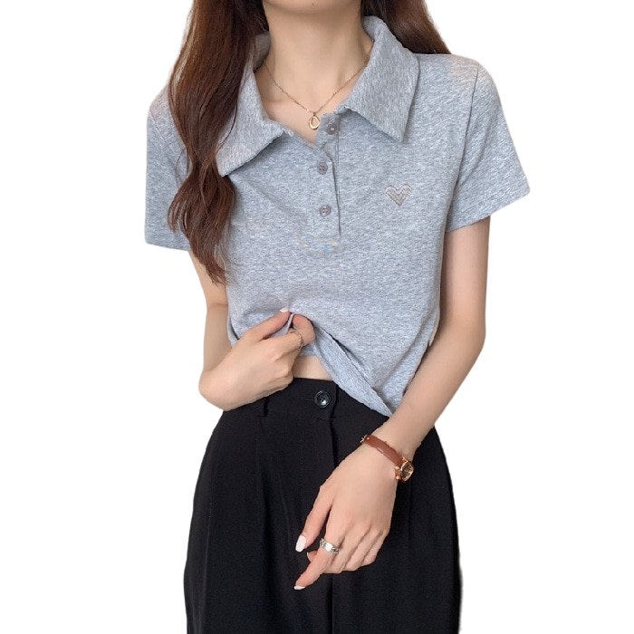 Y2K Summer Heart Embroidery Polo Shirt - Trendy 90s Fashion for Effortless Style