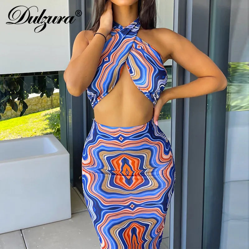 Y2K Tie Dye Print Women’s Halter Crop Top & Midi Skirt Set - Sexy Streetwear for Summer 2024