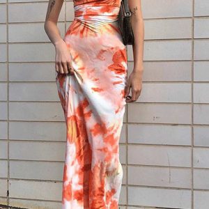 Y2K Tie-Dyed Cowl Neck Crisscross Tie-Back Cami Dress for Trendy Aesthetic Outfits