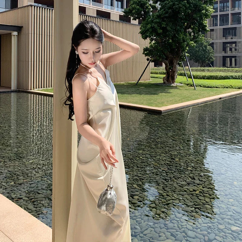 Y2K Vintage Backless Long Dress for Women, Sleeveless V-Neck, Chic French Office Style, Summer 2023