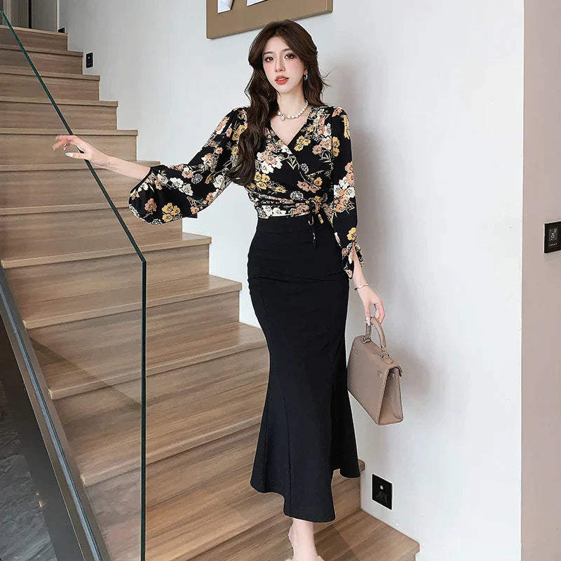 Y2K Vintage Floral Dress Set - Long Sleeve V-Neck Trumpet Style for Autumn/Winter 2024