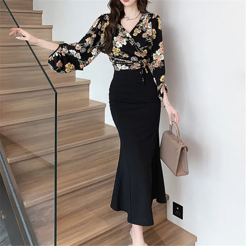 Y2K Vintage Floral Dress Set - Long Sleeve V-Neck Trumpet Style for Autumn/Winter 2024