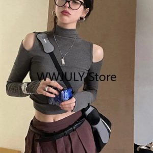 Y2K Vintage Solid Turtleneck Crop Top for Women - Gothic Slim Fit Long Sleeve Tee with Hollow Out Detail