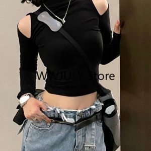 Y2K Vintage Solid Turtleneck Crop Top for Women - Gothic Slim Fit Long Sleeve Tee with Hollow Out Detail