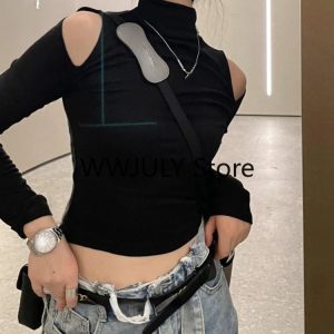 Y2K Vintage Solid Turtleneck Crop Top for Women - Gothic Slim Fit Long Sleeve Tee with Hollow Out Detail