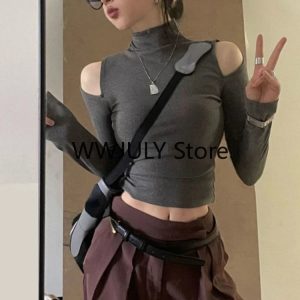 Y2K Vintage Solid Turtleneck Crop Top for Women - Gothic Slim Fit Long Sleeve Tee with Hollow Out Detail