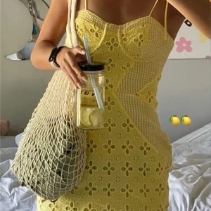 Yellow Floral Print Mini Dress - E-girl Aesthetic Tie-Up Suspender Bodycon Dress for Women