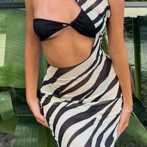 Zebra Print Y2K Irregular Cutout Cover-Up Dress for Trendy Aesthetic Outfits