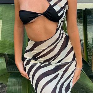 Zebra Print Y2K Irregular Cutout Cover-Up Dress for Trendy Aesthetic Outfits