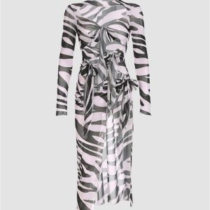 Zebra Stripes High-Slit Maxi Dress - Y2K Aesthetic Fashion for Bold Statement Looks