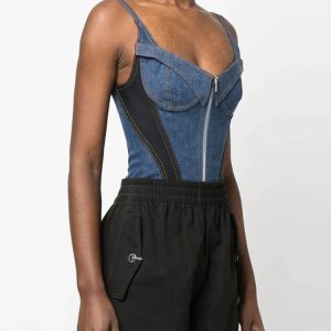 Zipper Denim Bodycon Bodysuit with Suspenders - Sexy Sleeveless Shapewear for Y2K Style