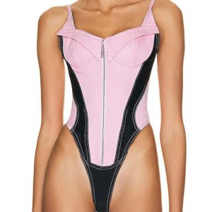 Zipper Denim Bodycon Bodysuit with Suspenders - Sexy Sleeveless Shapewear for Y2K Style