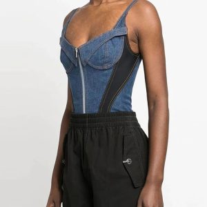 Zipper Denim Bodycon Bodysuit with Suspenders - Sexy Sleeveless Shapewear for Y2K Style