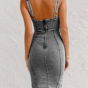 Zipper Distressed Denim Midi Dress with Slit - Y2K Grunge Aesthetic Fashion Statement