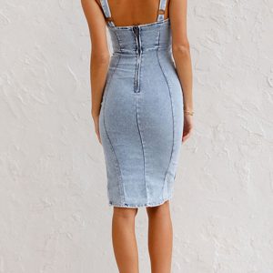 Zipper Distressed Denim Midi Dress with Slit - Y2K Grunge Aesthetic Fashion Statement