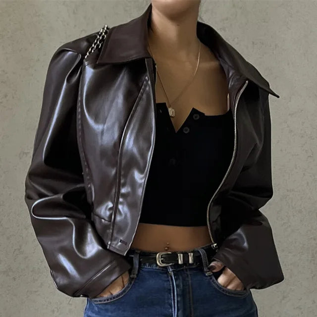 Zipper Retro PU Leather Jacket for Women - Casual Solid Winter Coat, 2023 Y2K Fashion